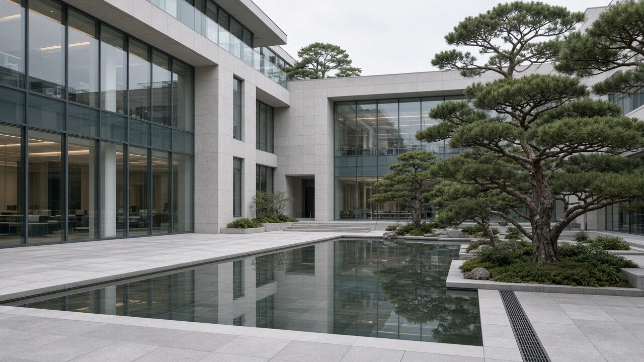 当代办公院落与玻璃建筑，示意集团办公环境